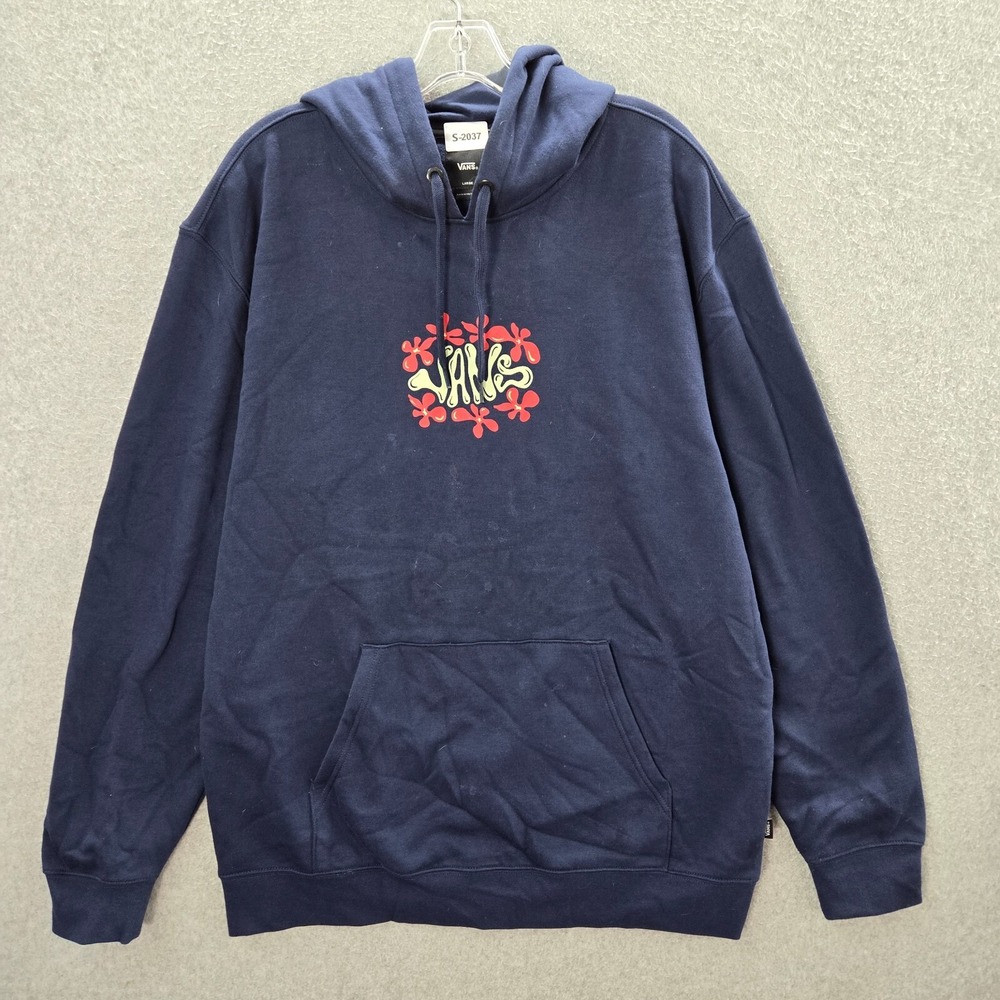 VANS Women Sweatshirt Large Blue Floral Hoodie Fleece Logo Drawstring Pulloverā